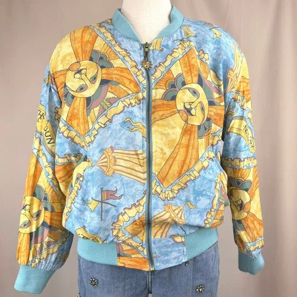 Vintage 80s MULBERRY STREET Womens (M) Bomber Jacket Coastal Aztec Sun mobwife - Picture 1 of 10